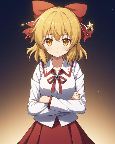 satsuki rin,1girl, solo, skirt, shaded_face, crossed_arms, hair_bow, long_sleeves, red_ribbon, red_bow, hair_ribbon, white_shirt, neck_ribbon
<lora:satsuki_rin_image186_2023-12-11:1>,star-shaped_pupils,symbol-shaped_pupils,. gorgeous,key visual, vibrant, studio anime,award-winning, professional, highly detailed,high budget, cinemascope