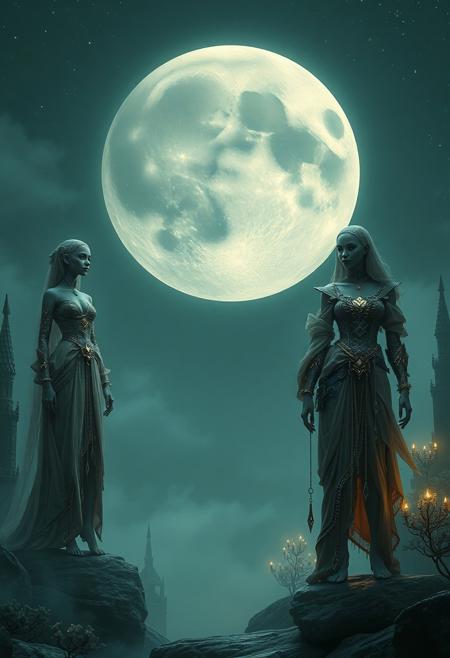 A fantastical moonlit realm where the moon appears as an enigmatic construct—a giant floating sphere partially veiled in translucent mesh and embedded with crystalline circuitry and flowing silks. Surrounding it are spectral humanoid figures with elongated limbs and serene expressions, clad in elaborate garments that mix antique embroidery with asymmetrical, experimental fashion. Their robes shimmer with layered fabrics, glinting armor fragments, and dangling chains, evoking ancient rituals fused with futuristic couture. The atmosphere is calm yet otherworldly, with luminous fog drifting across a landscape of gothic spires, synthetic flora, and digital constellations. The entire scene glows with ambient moonlight reflecting off metal and silk, creating a harmonic blend of myth and mechanized beauty.