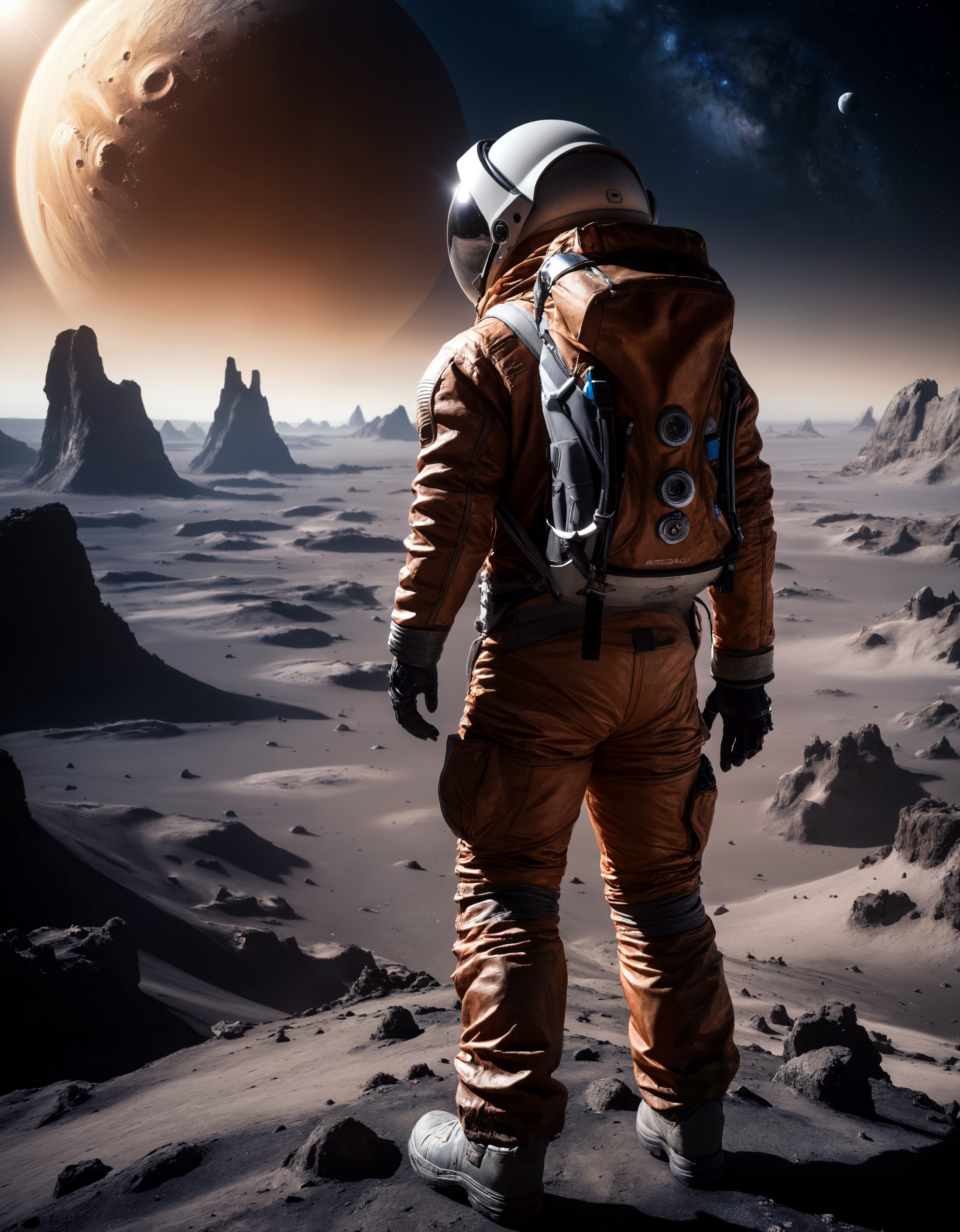 glamour landscape photography of an explorer on a barren asteroid looking at an alien planet in background, photorealistic...