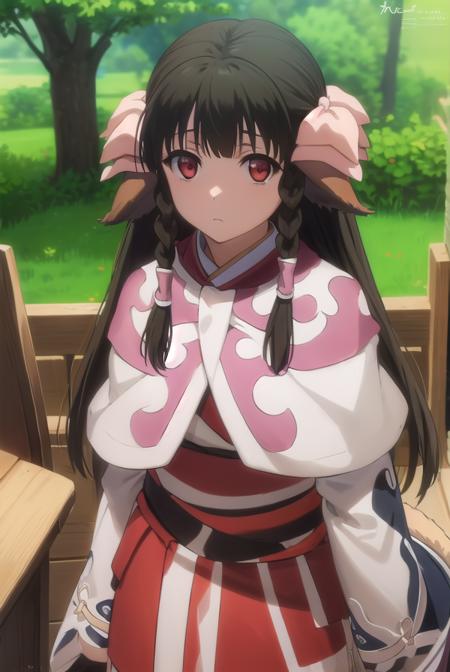 rurutie, long hair, bangs, black hair, animal ears, sidelocks, hair tubes, (red eyes:1.3), bow, hair bow, braid, twin braids, long sleeves, tail, ainu clothes, capelet, wide sleeves,