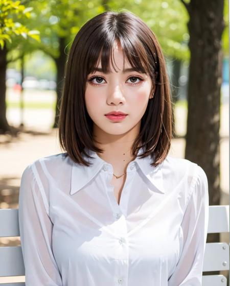 best quality, photorealistic, 8k, high res, full color, 1girl, woman, 20 years old woman, (closed mouth:1.73), (skindentation), (portrait:0.6), trees, park bench, daylight, ((park background:1.52)), full color, ((whitebuttonedshirt:1.58)), looking at viewer:1.8, (1girl eyes looking at viewer:1.55), (medium hair, brownhair, partedbangs:1.45), (bokeh), <lora:AAW-lisa:0.69>