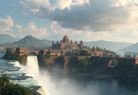 trending on artstation, cgsociety contest winner, cgsociety hd, cgsociety 4 k uhd, 4 k, 8 k,masterpiece, best quality, 4k ultra hd, ultra detailed, jungle background on the shore, river landscape,( beautiful walled ancient Indian city, built on a river:1.5),( water surrounds the city on all sides, large wide river, huge waterfall on the front side of the river,:1.4) mist on the waterfall, white water river, brown stone and greenery buildings, clouds in the sky