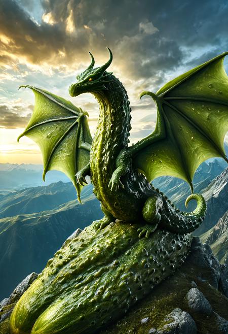 , dvr-pckl, mighty fantasy dragon with glistening pickle-scale skin, wrinkled bumpy textures, deep green hues with golden highlights, glowing eyes, majestic pose on mountain top, atmospheric lighting, ultra texture realism, dramatic sky, fantasy illustration in 8k