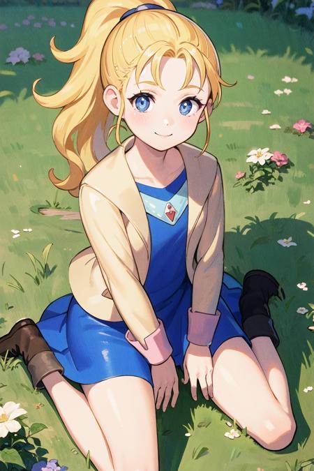 masterpiece,best quality,illustration,beautiful detailed girl, highres,1girl,<lora:GoodHands-beta2:1:lbw=MIDD>,<lora:krile ff5:1>,krile ff5,blue eyes,jacket,blue dress,boots,full body,smile,wariza,on grass,from above,(hands between legs:1.2),looking at viewer