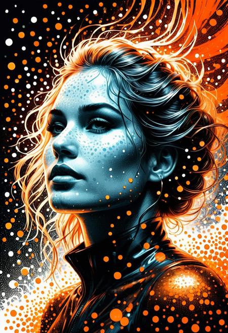 Silhouette Art, woman, breathtaking detailed, masterpiece, lovely, charming, awe-inspiring, radiant, magnificent. (all dark hues and fine vibrant orange glowing smoldering accent and shiny gold color scheme:1.02). glossy.
<lora:InkArtXL_1.2:0.4> <lora:FaeTastic:0.35> . award-winning, professional, highly detailed . extremely high-resolution details, photographic, realism pushed to extreme, fine texture, incredibly lifelike, high contrast, well defined .
Silhouette, Pointillism multicolored pin point clumped needle thin dots grainy collage stencil texture style, Angled slanted 2 point perspective visual depth back shot pointillism gust white snow pointillism dot particles partially covering woman, cyan pointillism water dots dripping down smaller dot circles ceiling pointillism dot white icicles, orange glow emanating, wind gust snow dots pointillism white wind patterns, capturing motion, semi-realistic Minimalist vector illustration, futuristic, sharp angular designs, bold red background, intense expression, modern urban style, clean lines, high contrast between black, white, and red, sleek futuristic aesthetics.