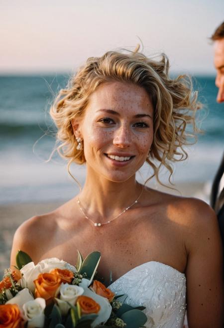 Stunning 35mm photo of a 42 years old Dutch woman, ((an breathtaking wedding dress)), very pretty, fit, skinny, highly detailed face, highly detailed skin, freckles, many freckles on arms and tits, freckles and moles all over body, natural breasts, perfect breasts, hard nipples, Rounded ass, blonde hair, pubic hair, short hair, messy hair, medium hair, brown eyes, highly detailed skin, highly detailed face, in love, happy, detailed pupils, at her wedding party, in a beach club on the Dutch coastline, holding a pretty bouquet of flowers, emotional face, emotional but happy while listening to her new husbands' beautiful speech, sunset, you can tell from the expression on her face that she is highly sexually aroused, low light, soft natural light, Rembrandt style light, made with a Hasselblad camera, 35mm, film grain, masterpiece, sharp focus, ((Photorealistic:1))