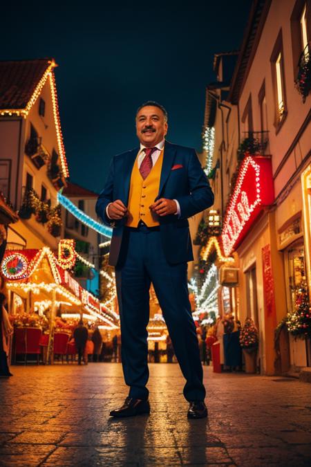 raw photo of a vibrant Eastern European village square,middle-aged Hispanic man, in a colorful suit, playing an accordion,Surrounded with dancing, laughter, backdrop of surreal buildings, dramatic, theatrical lighting with warm, golden tones to highlight expressive faces and the festive atmosphere. The style should blend gritty realism with magical surrealism,cinematic quality,35mm  wide-angle lens