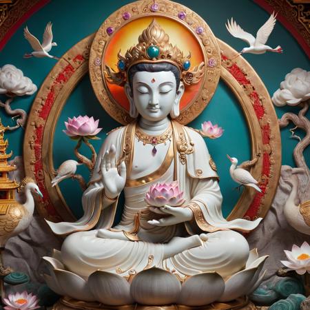 <lora:SDXLä½åæ®è³¢è©è©:0.6>,Images,A compassionate and wise-looking bodhisattva statue with a serene and tranquil expression,eyes full of mercy,smiling lips,and calm eyebrows. The bodhisattva is in a graceful and peaceful posture,could be sitting in meditation signifying inner enlightenment,or standing actively symbolizing the effort to save sentient beings. Include intricate hand gestures like Abhaya Mudra,Dhyana Mudra,and Dharmachakra Mudra with their specific meanings. The bodhisattva is dressed in elegant,ornate garments such as silk robes and jeweled adornments,symbolizing nobility and purity. Accessories like a Five Buddha crown,earrings,and necklaces should have symbolic significance. Accompanied by various ritual implements like a lotus flower,a treasure vase,a Dharma wheel,and scripture scrolls,representing the teachings and the compassionate will to save others. The background features a throne,auspicious clouds,and a halo,creating an atmosphere of transcendence and sacred dignity. The color palette is vibrant yet harmonious,reflecting the peace and beauty of the Buddhist realm. The style should reflect the flowing lines and vivid imagery of Han Buddhist bodhisattvas,with the rich colors and intricate decorations of Tibetan Buddhist representations.,<lora:Samaritan 3d Cartoon SDXL:0.3>,, Golden Palace, Exotic Treasures, Chinese dragon, fairyland, colorful sky, strange lotus flowers bloom , surrounded by crystal clear gems, colorful pool, golden path, birds and animals, white cranes and peacocks, emitting different colors of light, surrounded by curtains and railings made of seven different gemstones. Ancient oriental pavilions were also built with jewels such as gold, colored glaze, and onyx. jewels Trees, colorful petals, Guido Daniele's hand