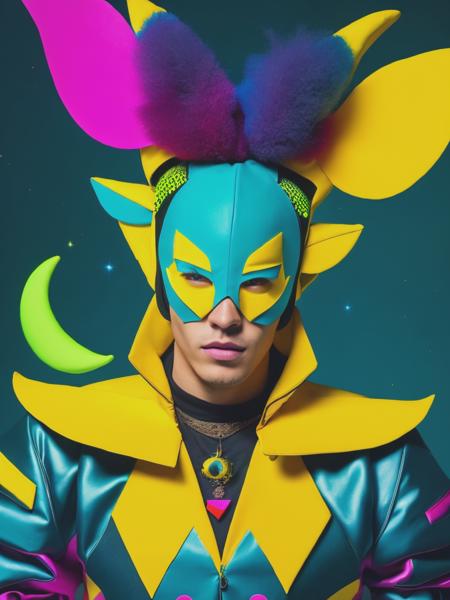 <lyco:YohNagao:1.0> an original illustration by guy ym, in the style of vibrant color scheme, cosmic jester, teal and yellow, stylish costume design, multidimensional layering, duckcore, neon color palette