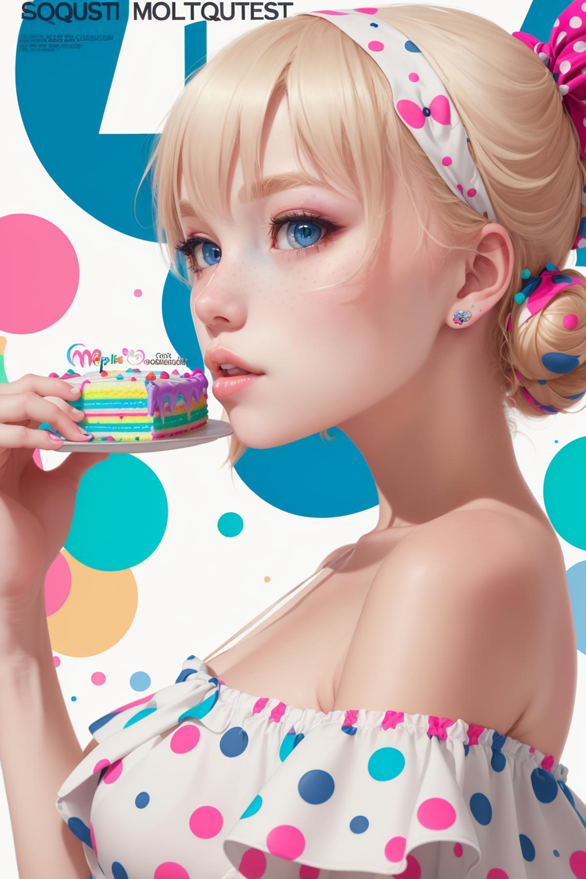 A 3D animated woman holding a colorful cake in a white dress.