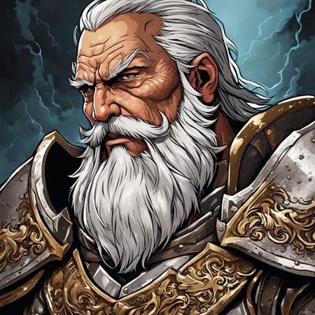 masterpiece, (2d digital art illustration:1.2), best quality, holy paladin old age, white beard, in steel armor, beaten up by fighting, by dnmumfrd <lora:dan_mumford_v1g:9.5>, (vector graphics, celshading:1.2), (rim lighting, dramatic lighting:1.2), anime, breathtaking  . award-winning, professional, highly detailed