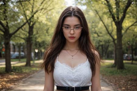 35mm film, one pretty european girl, solo, supermodel, long light brown hair, long wavy hair, pale skin, perfect face, small nose, blue eyes, lips, big tits, nice breasts, necklace, black frame glasses, short blue lace dress with a belt, white heeled shoes, looking at viewer, looking directly at viewer, a breathtaking forest view, offering panoramic views of majestic and sweeping trees, nature light, early spring season, full body view of girl, epiCPhoto, <lora:pytorch_lora_weights:0.5>, <lora:picxer_real:0.7>, <lora:FilmVelvia3:0.3>, <lora:more_details:0.6>