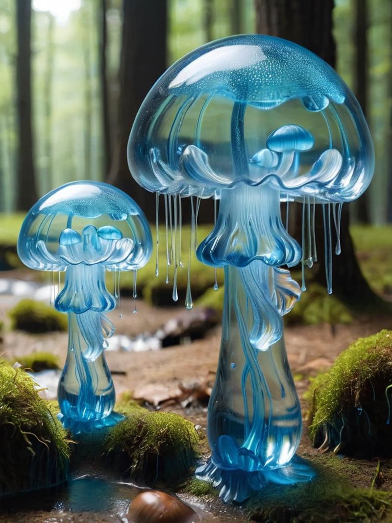 Blue Glass Mushrooms and Jellyfish Decorations in a Forest Setting