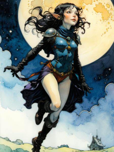 (color ink painting moebius, comic book style), by Daniel Merriam
I learned how to measure before I knew what was size
I singâyouâto sleep, doâyou like my lullaby?
La luna deâleche, treat your sadness with a smile
You can't have what's next till you hang with it for a while
This is house arrest
Come but wear your Sunday best
<lora:xl_more_art-full_v1:0.9>  <lora:SDXL_Inkdrawing_Directors_Cut_E:0.5> inkdrawing, ,by kr355e <lora:!action-sdxl-V0.5:1> in a zdyna_pose, dutch angle, from below, low camera angle actions scene, foreshortening,, style by Arthur Rackham and Brian Froud
