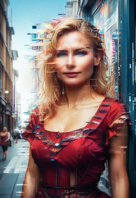 (glitch:2), (flickering:2), (digital:2), portrait, 1girl, score_9, score_8_up, score_7_up, score_6_up, score_5_up, score_4_up, UHD, 8K, masterpiece, detailed, ultra_high_resolution, lots of detail, OverallDetailXL, detailxl, telephone booth, pay-phone, Masterpiece, 32k, photorealistic:1.4, score_9, score_8_up, score_7_up, European, blonde, ginger streaks, long hair, (small waist:2), fitness body, toned muscles, slender legs, high cheekbones, oval face, 32 years old, realistic, blue eyes, Masterpiece, 32k, photorealistic:1.4, blonde, smiling, sexy pose, colorful clothes, bustle dress, fully dressed, (red dress:2), hands hidden, flat color.