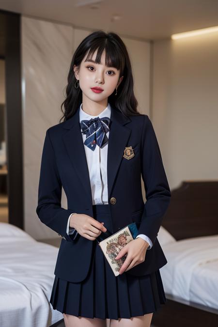 ultra-detailed,highly detailed,best quality,masterpiece,illustration,realistic,
school uniform, 1girl, solo, cowboy shot, 
collared shirt,striped bowtie, blazer, jacket, long sleeves, pleated skirt,buttons,badge, 
standing, holding book, 
indoors, photo background, blurry background, bed,
very long hair, blunt bangs, straight hair, 
 <lora:school uniform_xzjk_v1_07:0.7>