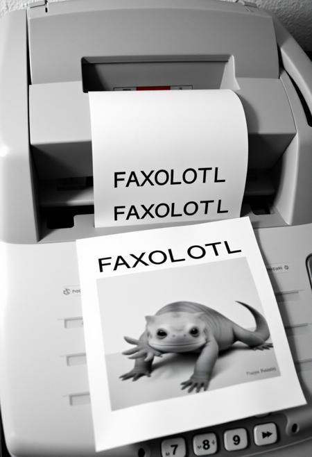 The image is a photograph of a  fax machine printing a paper with a  the text "FAXOLOTL" and a low quality black and white image of an axolotl.
