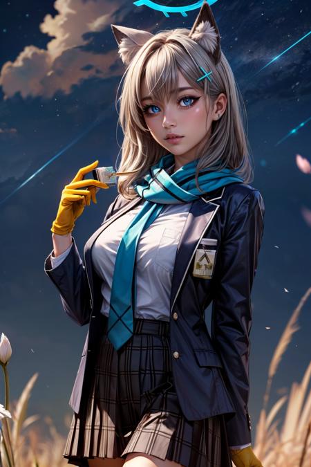 zzShiroko, animal ears, grey hair, wolf ears, animal ear fluff, blue eyes, halo, hair ornament, cross hair ornament, mismatched pupils, extra ears, medium hair, blazer, blue scarf, blue sky, cloud, day, long sleeves, open jacket, outdoors, pleated skirt, school uniform, solo, blue jacket, blue necktie, hair between eyes, parted lips, plaid skirt, white shirt, black skirt, green gloves