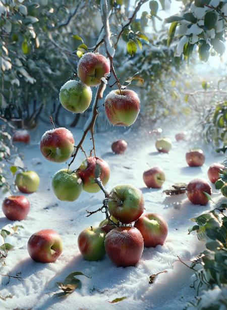 play of light, amazing quality, masterpiece composition, Extreme close-up, micro pov, apples hanging on a thick branch (in the snow:1.5), snow is falling, in the garden, bottom view, natural light, 8k, F2.8, RAW Photo, ultra detailed, <lora:ral-mythcr-sdxl:1.4>  <lora:xl_more_art-full_v1:0.7>