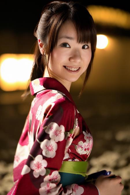 masterpiece, best quality, ultra high res, ultra detail, realistic, photorealistic, ultra realistic, professional lighting, depth of field, hikari, 1girl, solo, dynamic pose, dynamic angle, extreme detailed face, perfect face, smile:0.2, small breasts, skinny body, kimono, outdoor, crowd, firework, at night, on beach