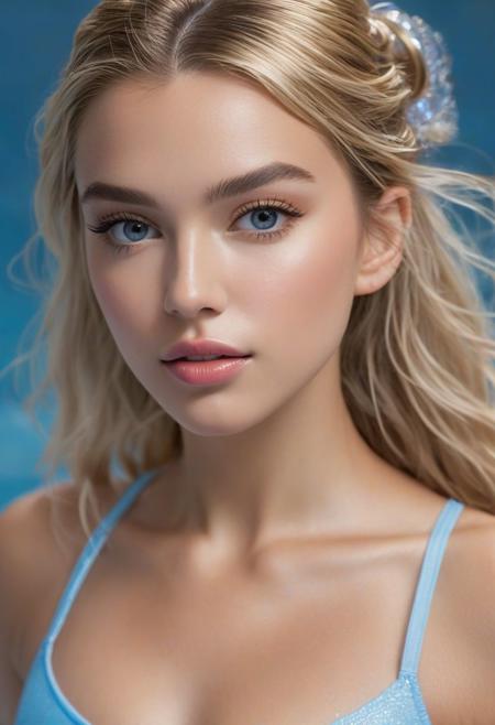 hyper realistic and detailed photo of a cute 24 year old american female swimmer, shallow depth of field, cleavage, two-packs abs, golden blonde straight messed up hair, straight waist, realistic textures, 8k movie still, cinematic, looking at viewer, straight hip, narrow hip, small hip, small round shape butt, tiny breasts, long muscular legs, Youthful, radiant complexion with fair skin. 
Her facial structure is characterized by soft, rounded features with a gentle jawline that complements her overall delicate visage. The eyebrows above are well-defined, arched gracefully, adding to the intensity of her gaze. Her hair, a rich golden brown, is pulled back into a high ponytail that cascades in gentle waves, framing her face elegantly. Her lips are full and appear soft, providing a neutral yet inviting expression. The subject's nose is proportionate to her face, with a subtle, rounded tip that harmonizes with her soft facial features.
The eyes are a distinctive feature, conveying a remarkable depth of color   a shade of light blue. Her irises are ringed with a darker blue hue. Her pupils are centered and clear. The eyelids are smooth, with a subtle crease that adds depth to her eye structure. Her lashes are of a lighter brown, long and evenly spread, curling gently upwards.