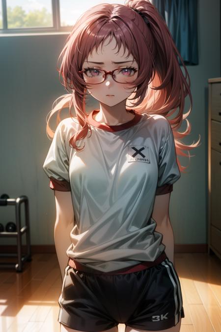 1girl, (masterpiece:1.3), (high resolution), (8K), (extremely detailed), (4k), (pixiv), perfect face, nice eyes and face, (best quality), (super detailed), detailed face and eyes, (solo), textured skin, absurdres, highres, <lora:mie-09:0.7>, miewz, glasses, long hair, low ponytail, purple eyes, gym uniform, gym shorts, red hair, <lora:more_details:0.4>, (confused:1.2), natural light