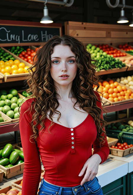 analogue portrait photo clear focus, high resolution image, of a beautiful 25 years Beautiful ((pale skin)), (blue eyes) woman, <lora:Nadine_SDXL:0.8>, wearing vibrant red long-sleeve top with high-waisted denim jeans, (long curly hair:1.4),,low light, soft natural light, Rembrandt style light, Hasselblad DLSR camera, 200mm Zeiss lens, f/2.8, ,Sexy pose, erotic pose, exhibitionism ,A bustling city market with fresh produce and handmade goods