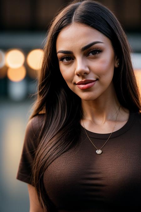 photo of (zanamari-135:0.99), a beautiful woman, perfect hair, smiling, closeup portrait, (modern photo, Sawgrass Brown graphic tee), 85mm, (analog, cinematic, film grain:1.3), ((plain Bear Brown background:1.2)), detailed eyes, (seductive pose), painted lips, (epicPhoto), (looking at viewer), jewelry, (cinematic shot:1.3)