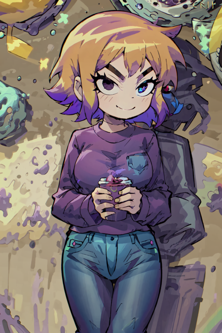 <lora:ScottPilgrim:1> ScottPilgrim Style, 1girl, smile, short hair, blonde hair, shirt, long sleeves, 1boy, holding, closed mouth, pink hair, purple hair, short sleeves, multicolored hair, cowboy shot, pants, looking at another, black eyes, two-tone hair, cup, thick eyebrows, denim, holding cup, hand in pocket, jeans, purple shirt, blue pants