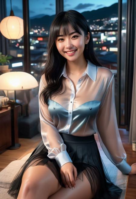 1girl, solo, long hair, looking at viewer, smile, bangs, skirt, black hair, black eyes, sitting, indoors, head tilt, 
 night, see through silky skirt, see through silky shirt, black bra, bare bra, perfect body, perfect legs, (((masterpiece))), ((photorealistic:1.4)), ((realistic:1.4)), ((best quality)), ((official art, extremely detailed CG unity 8k wallpaper)), ((highly detailed)), ((absurdres)), ((8k resolution)),