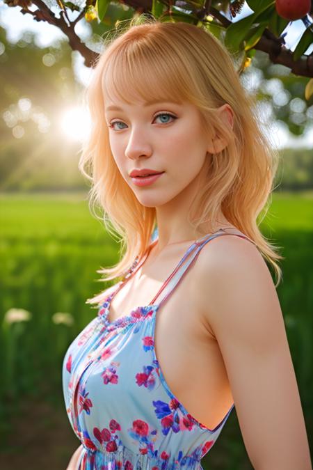 portrait of  DEN_natasha_legeyda wearing a dress in an orchard on a sunny day,
summer dress, floral dress, clothed, god rays, dust, lens flare,
masterpiece, high detail, detailed, photorealistic, beautiful eyes,