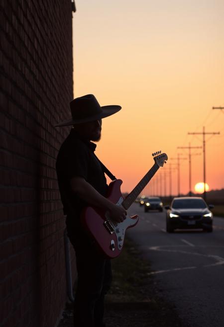 A silhouetted musician stands against a brick wall at sunset, wearing a large cowboy hat and holding a red electric guitar. The scene captures a rural road with Cadillac cars passing by, flanked by power lines. The soft hues of the setting sun blend into the background, creating a dramatic ambiance.