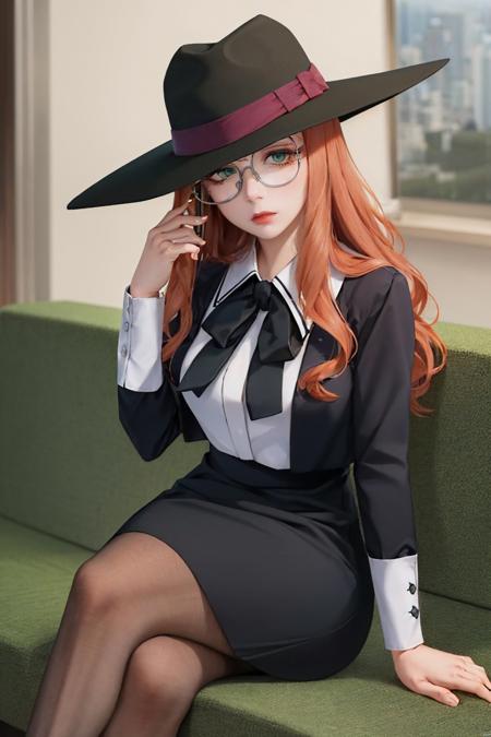 (masterpiece, best quality:1.2), solo, 1girl, sylvia sherwood, expressionless, looking at viewer, sitting, crossed legs, green eyes, black headwear, hat, green eyes, glasses, dress, pantyhose <lora:spyxfamily_sherwood:1.0>