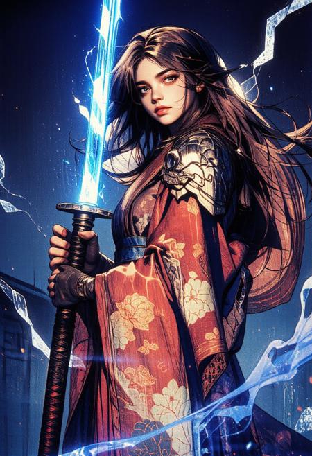 Shinobi girl wearing a kimono with shoulder armor, she's holding a katana glowing with blue energy, her long hair is flowing in the wind, she stands outside in nighttime training for her next battle. (maximum ultra high definition image quality and rendering:3), maximum image detail, maximum realistic render, (((ultra realist style))), realist side lighting, , 8K high definition, realist soft lighting, <lora:FluxMythG0thicL1nes:0.6> <lora:FluxMythR3alisticF:0.5> <lora:RetroAnimeFluxV1:0.6> <lora:OB半写实肖像画V2.0:0.6>