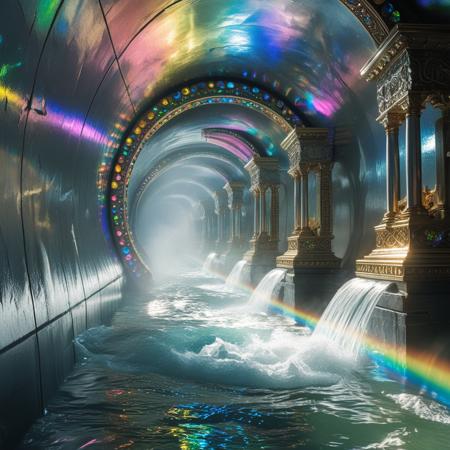 photorealistic scene of a sewer tunnel, its walls glistening with smooth, polished chromium that reflects a kaleidoscope of vibrant colors. The air is thick with a sense of ancient magic, where the golden ratio meets the ingenuity of M.C. Escher. Water cascades with relentless fury through the bottom canal, the sound echoing dramatically in the space while creating misty spray that catches the light. Elven fantasy architecture rises elegantly from the walls, intricate carvings entwining with precious stones, casting shimmering rainbows. The atmosphere is enchanting yet overwhelming, inviting curiosity while hinting at hidden stories in the interplay of light and shadow. Every detail harmonizes in a breathtaking visual symphony, evoking wonder and awe.