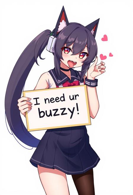 anime style, full body size, mature dva, dva, skirt, stocking, simple background, playful, (((wet tongue out))), drooling, heart shaped pupils, holding sign with a text "I need ur buzzy", funny pose
