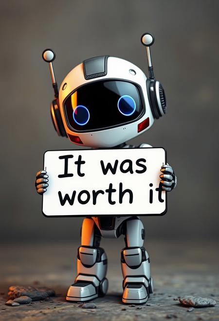 Robot chibi holding a sign that says "It was worth it"