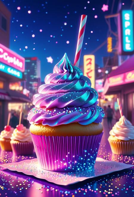 An alluring visual of delectable sparkle cupcakes accompanied by a milkshake, crafted in the captivating vaporwave anime art style.