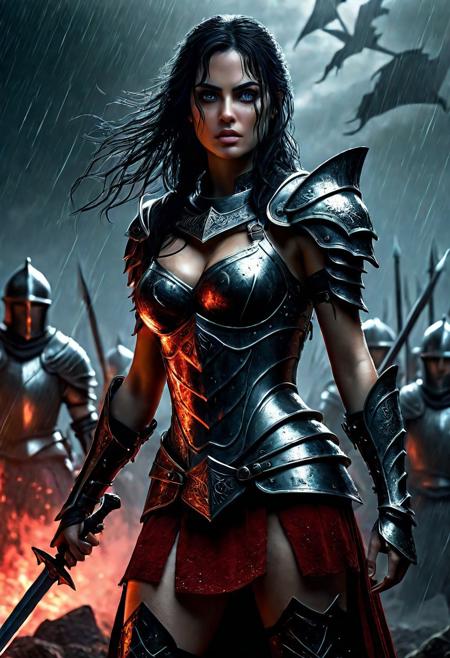 Ultra detailed digital art masterpiece Warrior girl dressed in a iron Armor and red mini skirt, Standing on a battlefield at the head of an army of knights, where a bloody slaughter is taking place, standing in battle pose, a dark epic fantasy, perfect lighting, beautiful Warrior girl, attractive woman, elegant, beautiful woman of athletic body,  epic shot of the whole Warrior girl, unreal engine 5 nanite quality, dark fantasy, dark environment, very stormy day, LOTR style, dark washed out eyeliner, no make up, natural bloody pale face, realistic blue eyes, ultra detailed atmospheric details, beautiful glowing effects, sparkle effects, realistic body proportions, beautiful face proportions, complex masterpiece, wavy raven black hair, creative glowing detailed tattoos, complex physics, enhanced colors, complimentary colors, ultra detailed raytracing reflections, Ultra detailed complex background, environment feels alive, direct eye contact, dramatic lighting, wet and sweaty skin, beautiful firm Breasts, Daylight, Concept art by Greg Rutkowski, adding to the intense and dynamic atmosphere of the scene.
