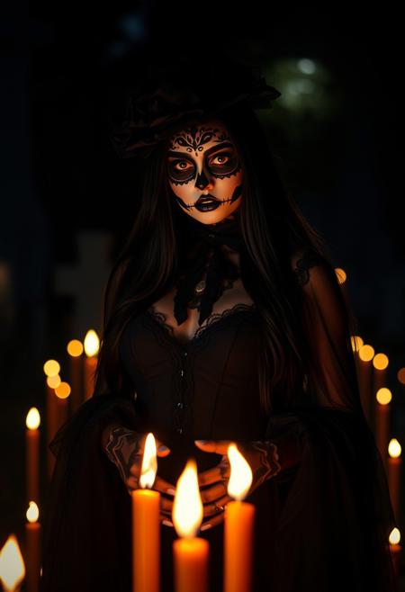 (masterpiece, best quality), score_9, score_8_up, score_7_up, masterpiece, 4k, Latina girl, alternative, long black hair, bedroom eyes, wide hips, black Victorian dress, dia de los muertos makeup, painted, black veil over face, in a cemetery at night, candles everywhere, dark background, vignette, dynamic lighting, dynamic shadows, bokeh, low light, depth of field, highly detailed, high contrast, film grain, Rim Lighting, pixar style