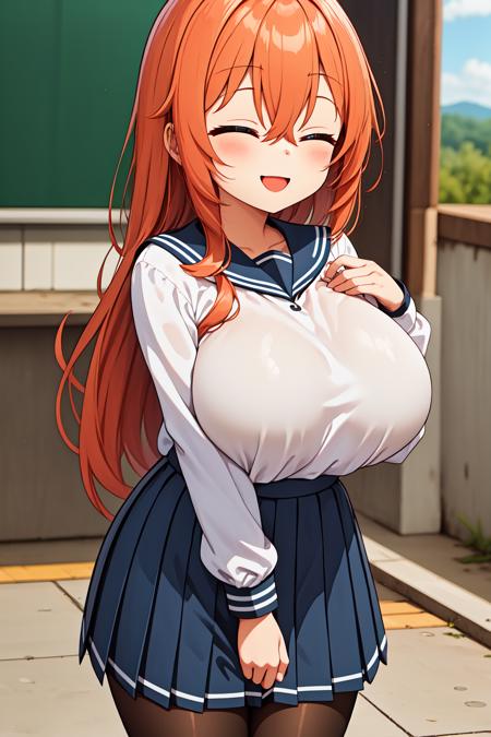 best quality, masterpiece, highres, 1girl, large breasts, happy, smile, closed eyes, 
komaro, blue eyes, orange hair, bags under eyes, bangs, hair between eyes, long hair, breasts, school uniform, serafuku, sailor collar, long sleeves, (white shirt:1.2), pleated skirt, black pantyhose, <lora:komaro_lora_ver1:0.6>
 <lora:HeightRatioSlider_v2:-1>