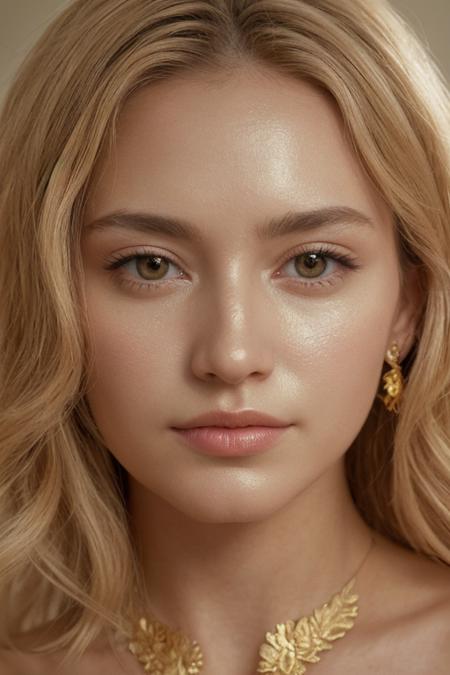 a superb woman's face made entirely of gold, high detail, hard shadows