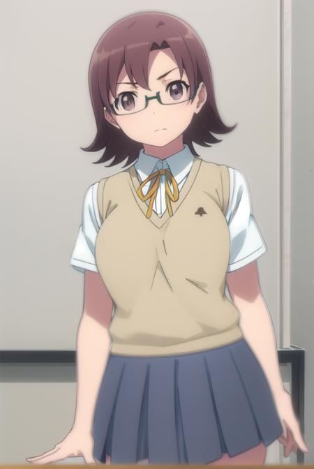 senaakagi, <lora:sena akagi s2-lora-nochekaiser:1>,
sena akagi, short hair, brown hair, glasses, (brown eyes:1.5),
BREAK skirt, ribbon, school uniform, sweater vest, grey skirt, shirt, white shirt, collared shirt,
BREAK indoors, classroom,
BREAK looking at viewer, (cowboy shot:1.5),
BREAK <lyco:GoodHands-beta2:1>, (masterpiece:1.2), best quality, high resolution, unity 8k wallpaper, (illustration:0.8), (beautiful detailed eyes:1.6), extremely detailed face, perfect lighting, extremely detailed CG, (perfect hands, perfect anatomy),