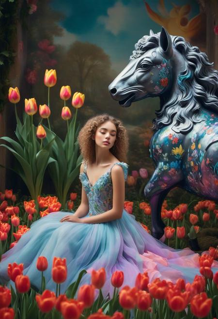 A captivating, conceptual artwork featuring a beautuful 18 years old girl with curly hair sitting gracefully on a majestic creature's back. The creature appears to be a blend of animal and mythical elements. The girl's dress is meticulously crafted from delicate tulip petals, resulting in a symphony of vibrant colors that blend harmoniously with the surroundings. The lush tulip garden serves as the backdrop, exuding elegance and serenity. The soft lighting casts a romantic ambiance, while the graffiti adds an unexpected urban touch, creating a charming and enchanting scene., painting, conceptual art, wildlife photography, cinematic, fashion, graffiti, illustration, 3d render