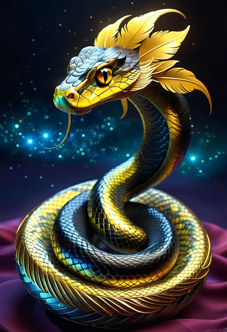 A cute little bicolor black and yellow snake breeds an adorable non-human celestial animal in celestial and fantasy style. the animal is supposed to be the most beautiful animal ever created. Consider details such as softness, feathers, silk, satin, shimmer and shimmer. Include subtle details of ghostly iridescence. emphasizes small, fanciful details and ornate jewelry. Camera: Use interesting and dynamic composition. increase visual interest. Lighting: Use ambient lighting that enhances the mood of the fantasy. include bright colors and deep shadows. hires, detailed eyes, hires detailed eyes, hires small details, elaborate details, ornate, 8k, shimmer, unity, official cgi unreal engine, high resolution, (((masterpiece))), high quality, high resolution, detail enhancement, (brilliant and bright-eyed),