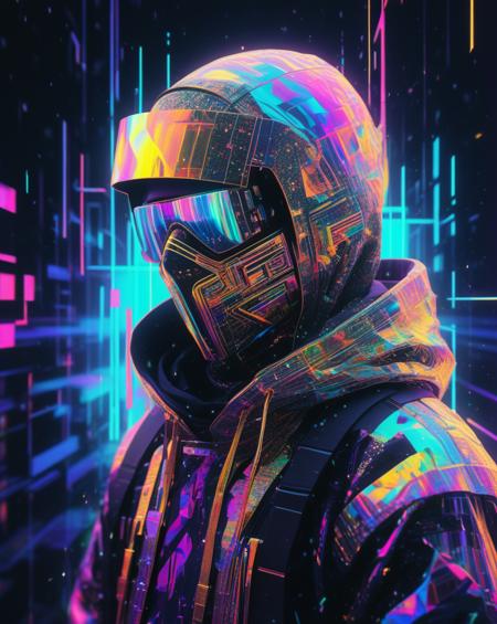 Illuminated ninja in the style of golden glitched rainbow. Snow is falling as holographic colored baroque geometric patterns float around the canvas in the style of colorful digital art. The image has a cyberpunk aesthetic with a glitchy distortion and psychedelic color palette. Black background, neon lights, glitch art, surrealism, high contrast, vibrant colors, psychedelic patterns, ethereal glow. The overall mood should be one of spiritual contemplation and otherworldly beauty. It's like something in the style of science fiction.