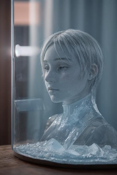 macro shot of a ghostly female silhouette, messenger of ice, frozen armor,  canvas hood, elements, ice from inside, neon blue hair, cinematic still, movie screencap, dynamic angle, 100mm f/2.8 macro lens, hard shadows, <lora:glowneon_xl_v1:1>,  <lora:more_details:0.8>