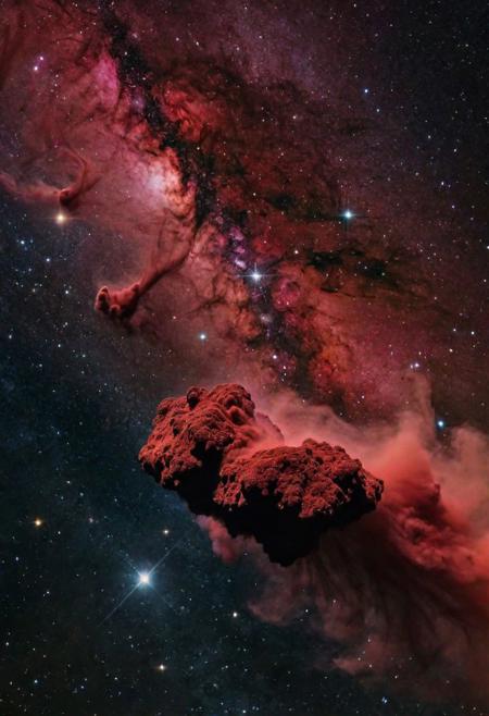 close up angle of (( dark red floating on air)), (dust) , detailed focus, deep, beautiful, nebula, dreamy colors, dark cosmic background. Visually delightful