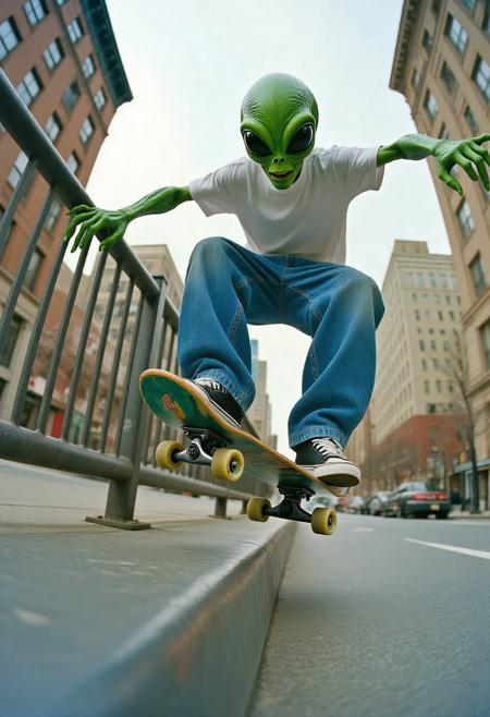 a y2k style photograph low angle shot of an alien with green skin wearing hiphop style clothing with baggy blue jeans and a plain white tshirt skateboarding through a city street. The alien is rideing the skateboard along a metal railing as the alien balances on the board with his arms streached out beside him. The shot is taken with a y2k photography style with a slight fish-eye lense. The alien is grinding along the railing, the skateboard is on top of the railing. The photograph captures the full scene. captured from floor level.