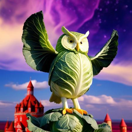 no human, (giant owl made of cabbage over a red castle:1.5), Geometric Pattern Effect: Repeating shapes (tiles, panels) create structured complexity. Color Spectrum Display: Wide range of hues from cool to warm tones.  Reflective Surface Theme: Smooth, light-catching textures evoke motion and depth. Symmetry and Balance: Central alignment with mirrored visual weight. . lazypos, rp_slgd, a surreal owl composed of  obsidian cabbage, wings made of floating cabbage leafs, perched on a red cabbage flower, on top of a red cabbage castle, a kaleidoscope swirling sand sky, glowing purple sand,
, vibrant colors, whimsical design, surreal fantasy, high detail, 4k, strong bokeh